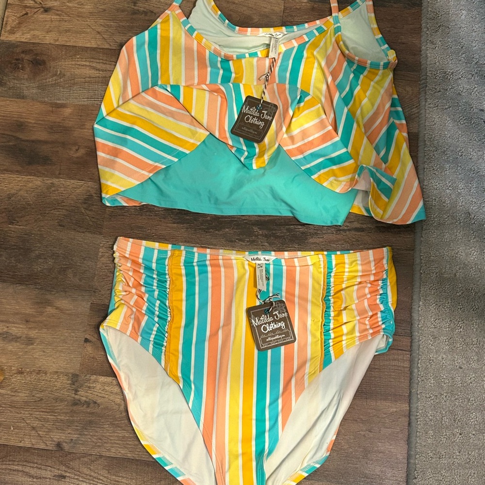 Matilda Jane Teal, Yellow & Peach Striped Two-Piece Bikini
